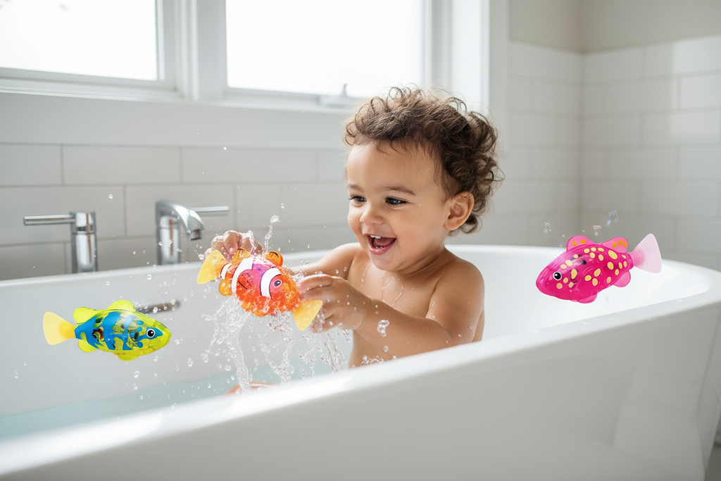 A joyful toddler plays with an electric swimming fish toy in a bright, modern bathtub, splashing water with delight.