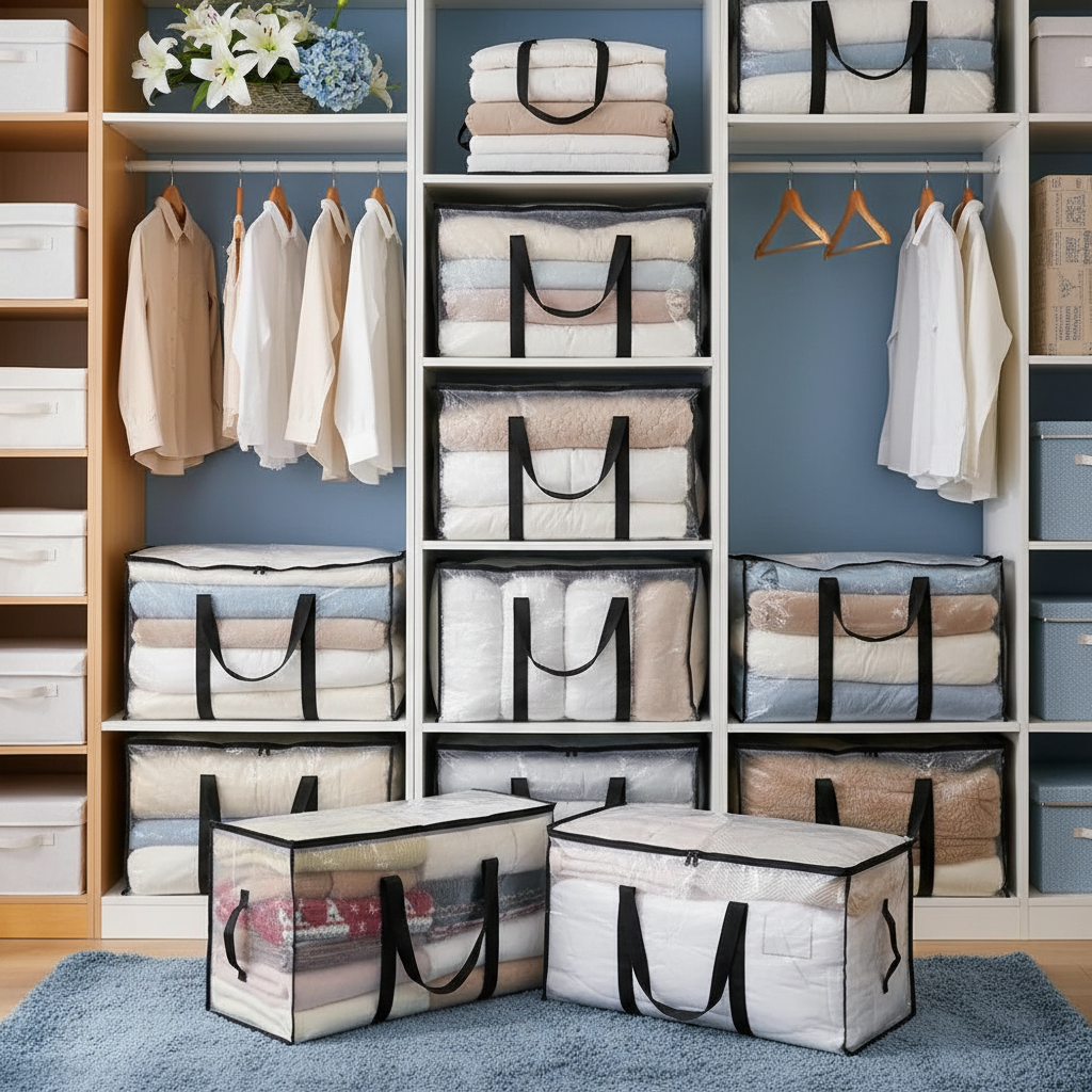 Transparent storage bags filled with cotton quilts and clothing on shelves in a bright, organized closet, featuring dusty blu