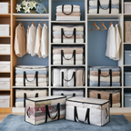 Transparent storage bags filled with cotton quilts and clothing on shelves in a bright, organized closet, featuring dusty blu
