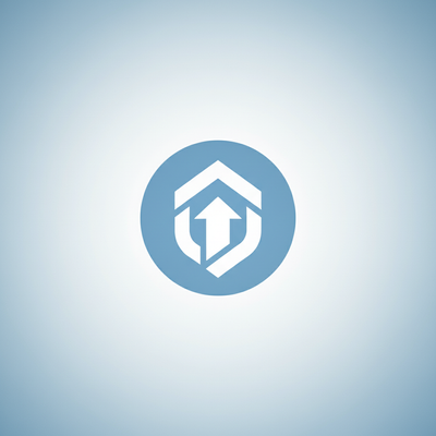 A circular trust badge or certification logo in dusty blue, bright white, and soft sky blue.